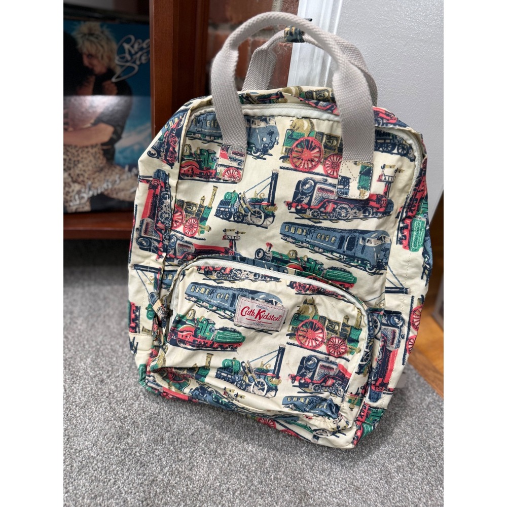 Cath Kidston Train Print Backpack Cream Multi Vintage Locomotive Daypack